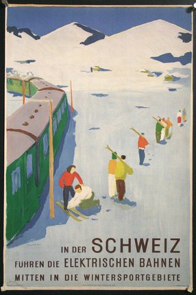 a poster with people on skis and a train