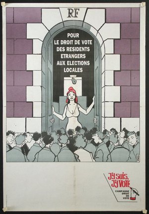 a poster of a woman standing in front of a crowd