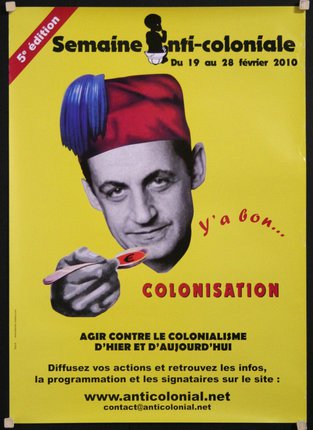 a yellow poster with a man in a hat