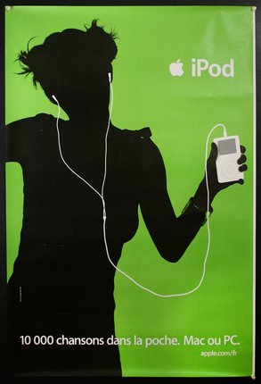 a poster of a woman holding a white ipod
