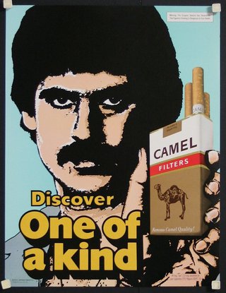 a poster of a man holding a pack of cigarettes