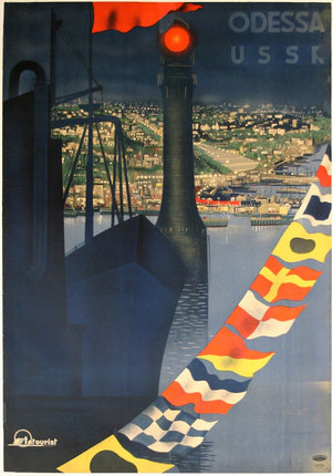 a poster of a ship and a city