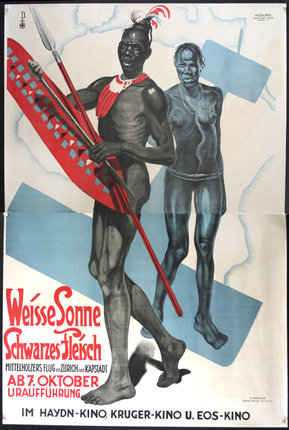 a poster of a man holding a boat and a woman standing