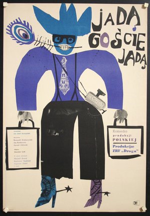 a poster of a man with a blue hat and purple shirt