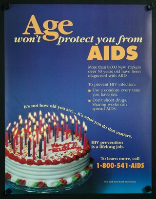 a poster with a cake with candles