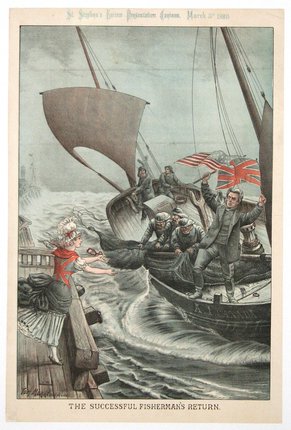 a painting of a man standing on a boat with a woman standing on it