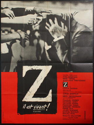 a movie poster with a black and white photo of a man holding his hands