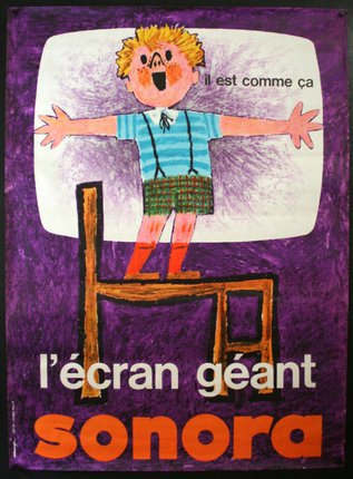 a poster of a child standing on a chair