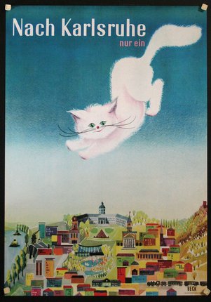 a poster of a cat flying over a city