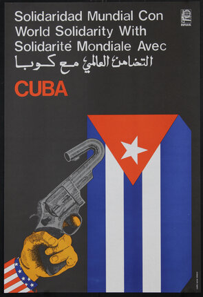 a poster with a hand holding a gun and a flag