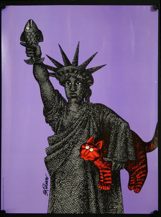 a poster of a statue of liberty holding a bird and a cat