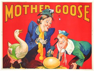a poster of a mother goose and a boy looking at an egg