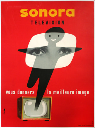 a red poster with a black and white image of a person with a black and white image