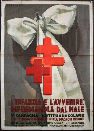 a poster of a woman with a bow and red crosses
