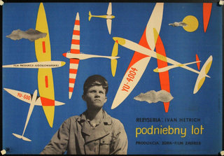 a poster with a man in front of a blue background with yellow and red airplanes