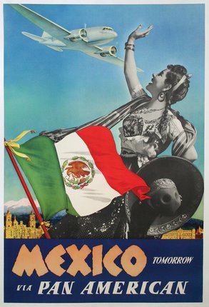 a poster of a woman holding a flag and a plane