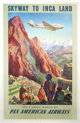 a poster of a plane flying over mountains