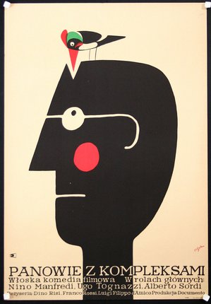 a black and red poster with a bird on top of a man's head