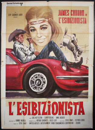 a poster of a man and a woman sitting in a red car