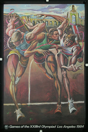 a painting of athletes in a stadium