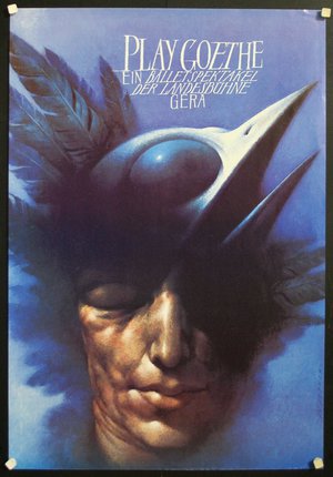 a poster of a man's face with feathers and a bird's head