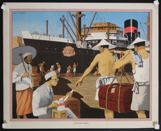 a painting of men loading luggage