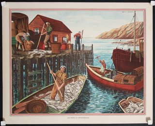 a painting of fishermen working on a dock