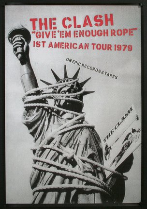 a poster with a statue of liberty tied with a rope