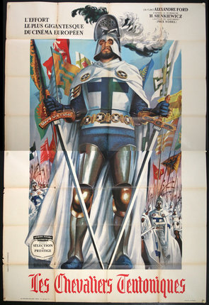 a poster of a knight with a sword and a flag