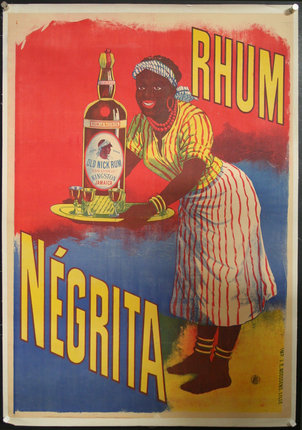 a poster of a woman holding a tray of liquor