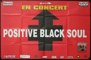 a red poster with white text and black arrow