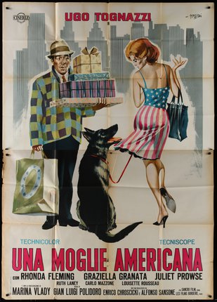 a poster of a man and a woman with a dog