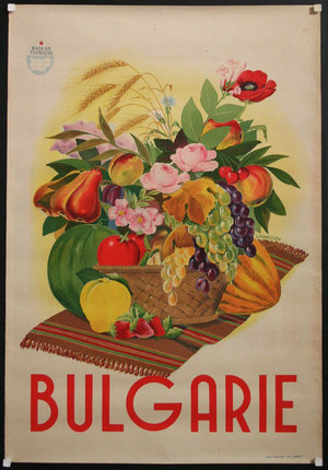 a poster with a basket of fruit