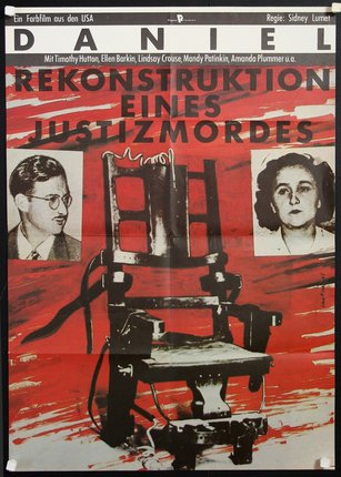 a poster with a chair and a man and woman