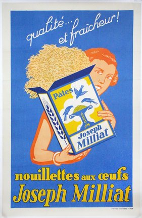 a poster of a woman holding a box of noodles