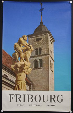 a poster with a statue in front of a building