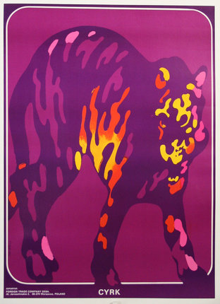 a purple poster with a pink background