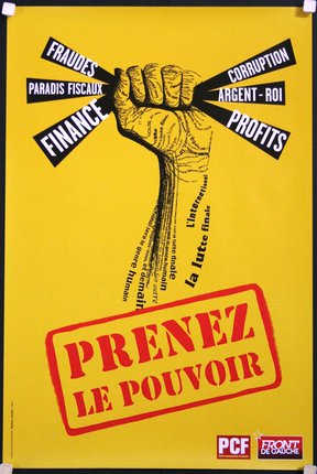 a yellow poster with a hand holding a sign
