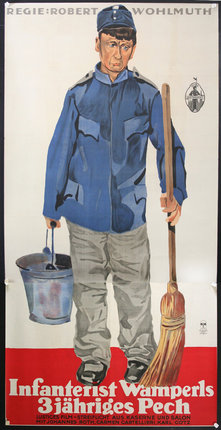 a poster of a man holding a bucket and a broom