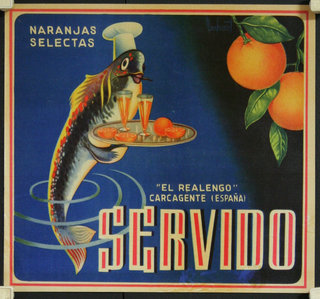 a sign with a fish and oranges