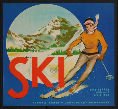 a woman skiing on a blue background