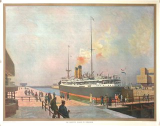 a painting of a ship at a dock