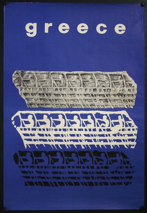 a blue and white poster with white text