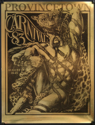 a poster with a man wearing a leopard garment