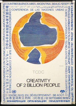 a poster with a blue circle and orange circle with text