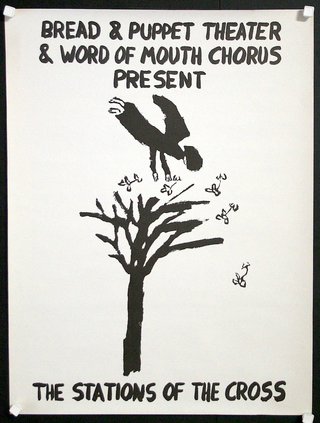 a poster with a bird and a tree