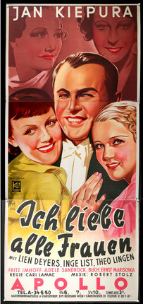 a poster of a man and two women