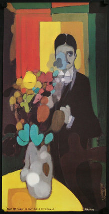 a painting of a man holding flowers