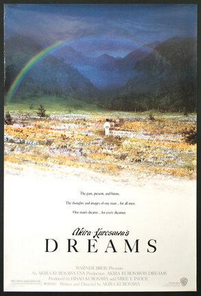 a poster of a man walking in a field with a rainbow