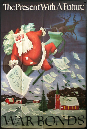 a poster of santa claus flying on a sleigh